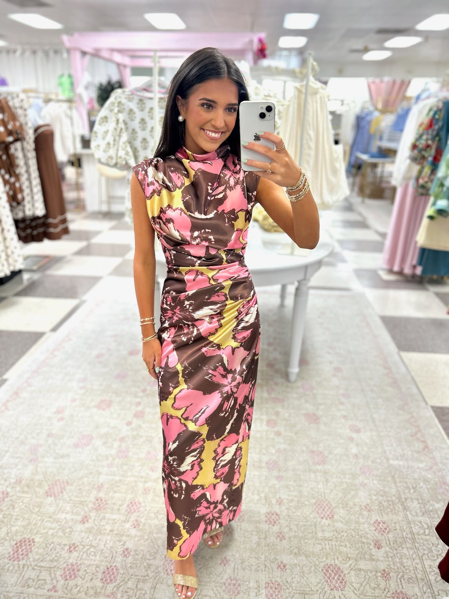 Monique Pink/Brown/Green Mix Midi Dress