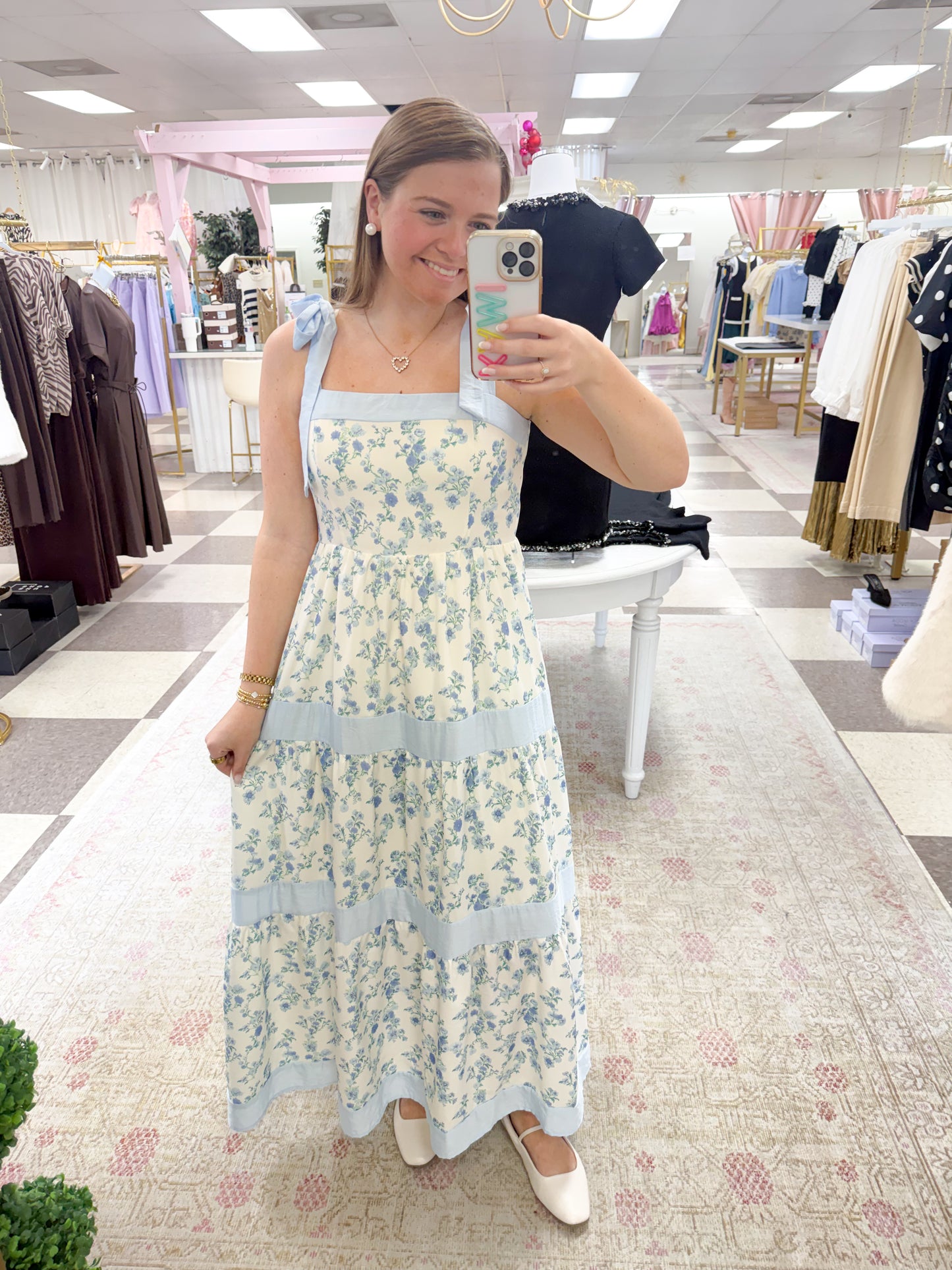 Maisie Blue Floral Maxi Dress with Tie Sleeves