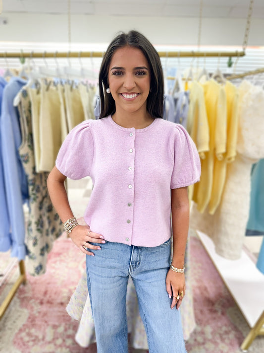 Miller Puff Sleeve Knit Button Up Top (Pink)