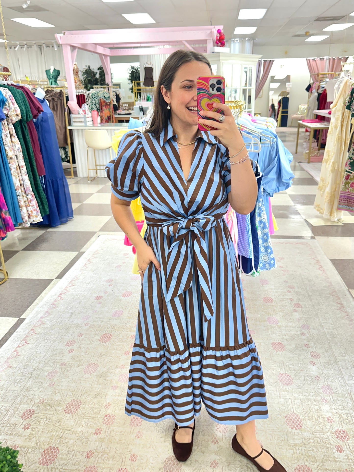 Tied Together Stripe Midi Dress (Blue/Brown)