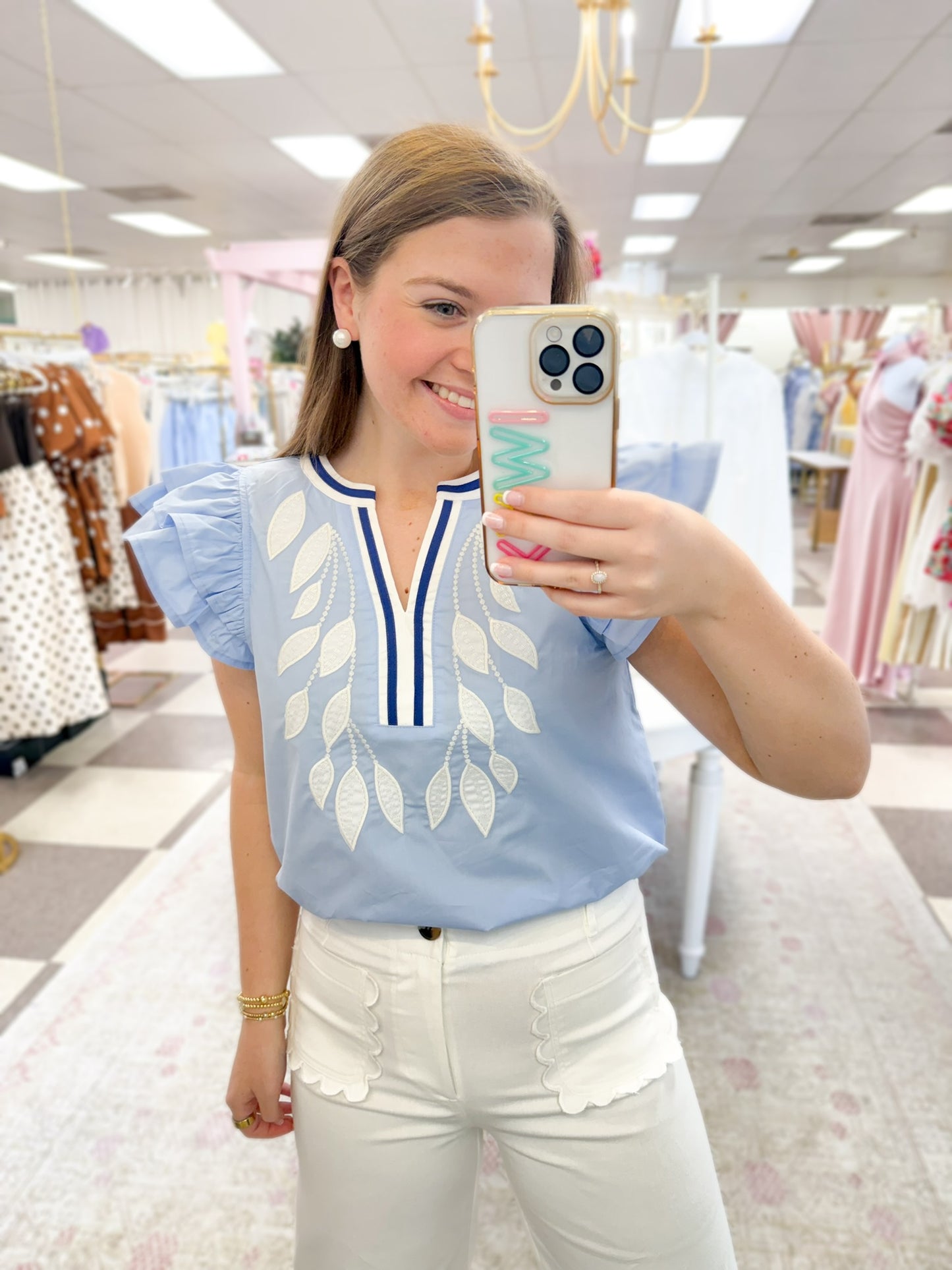 Ascension Blue/LT Blue/White Embroidered Top