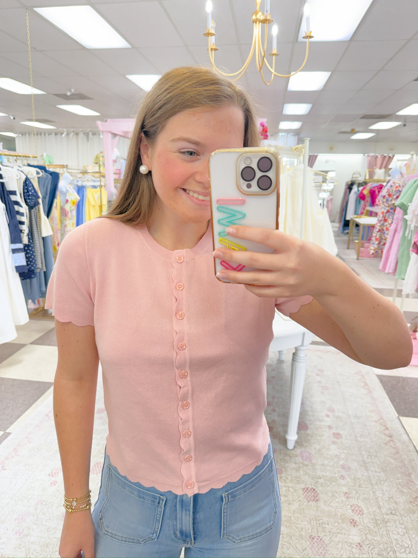 Scalloped Button Down Knit Top (Pink)