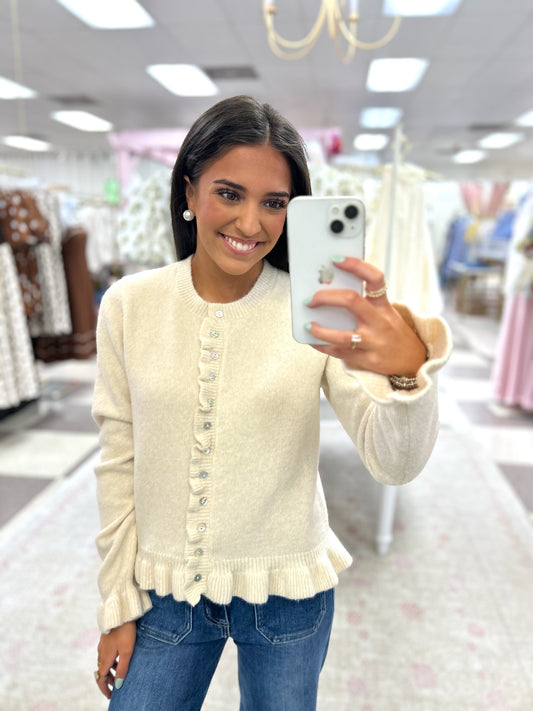 Cream Ruffle Button Down Sweater
