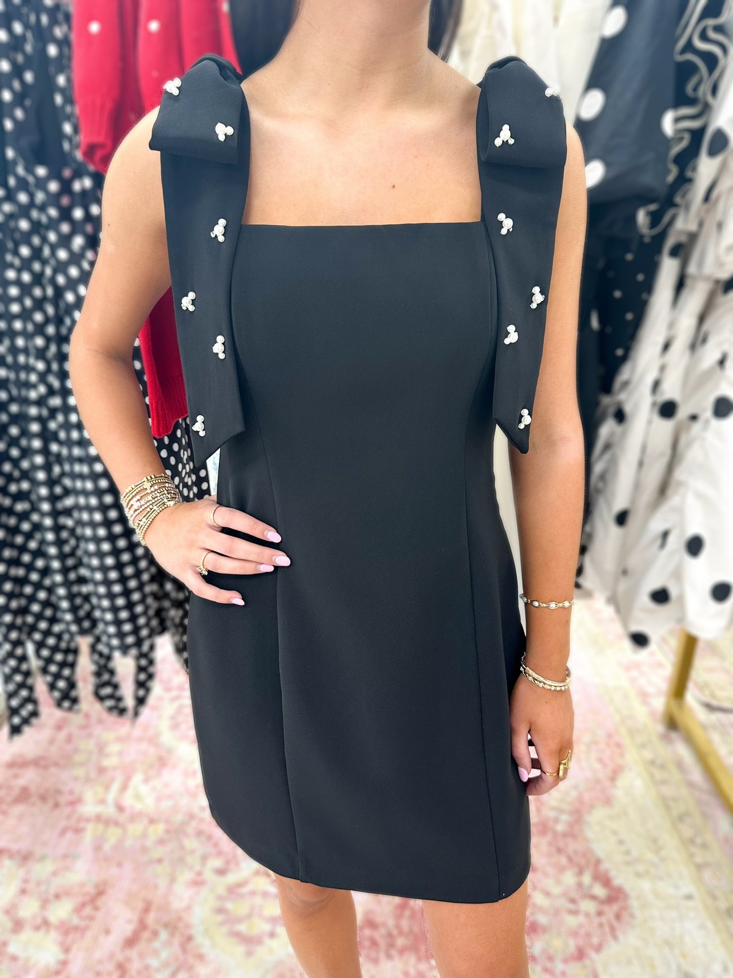 Estelle Black Mini Dress with Rhinestone and Pearl Embellished Bow Straps