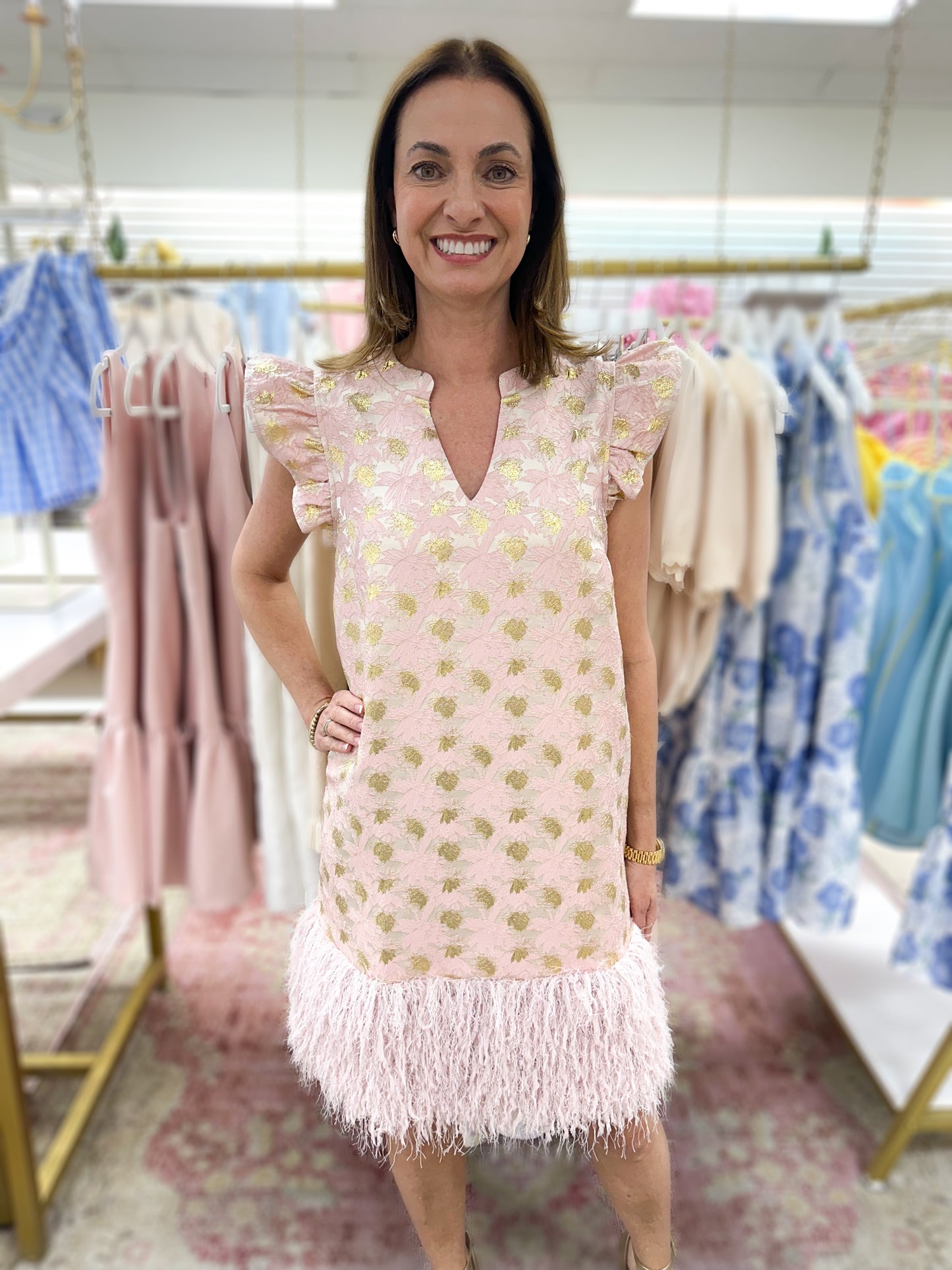 Franny Pink/Gold Floral Feathered Mini Dress