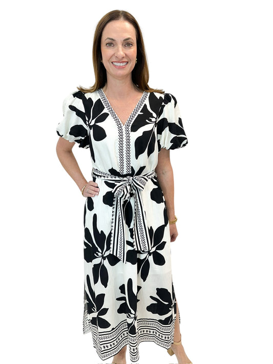 Kristine Black/White Patterned Puff Sleeve Maxi Dress