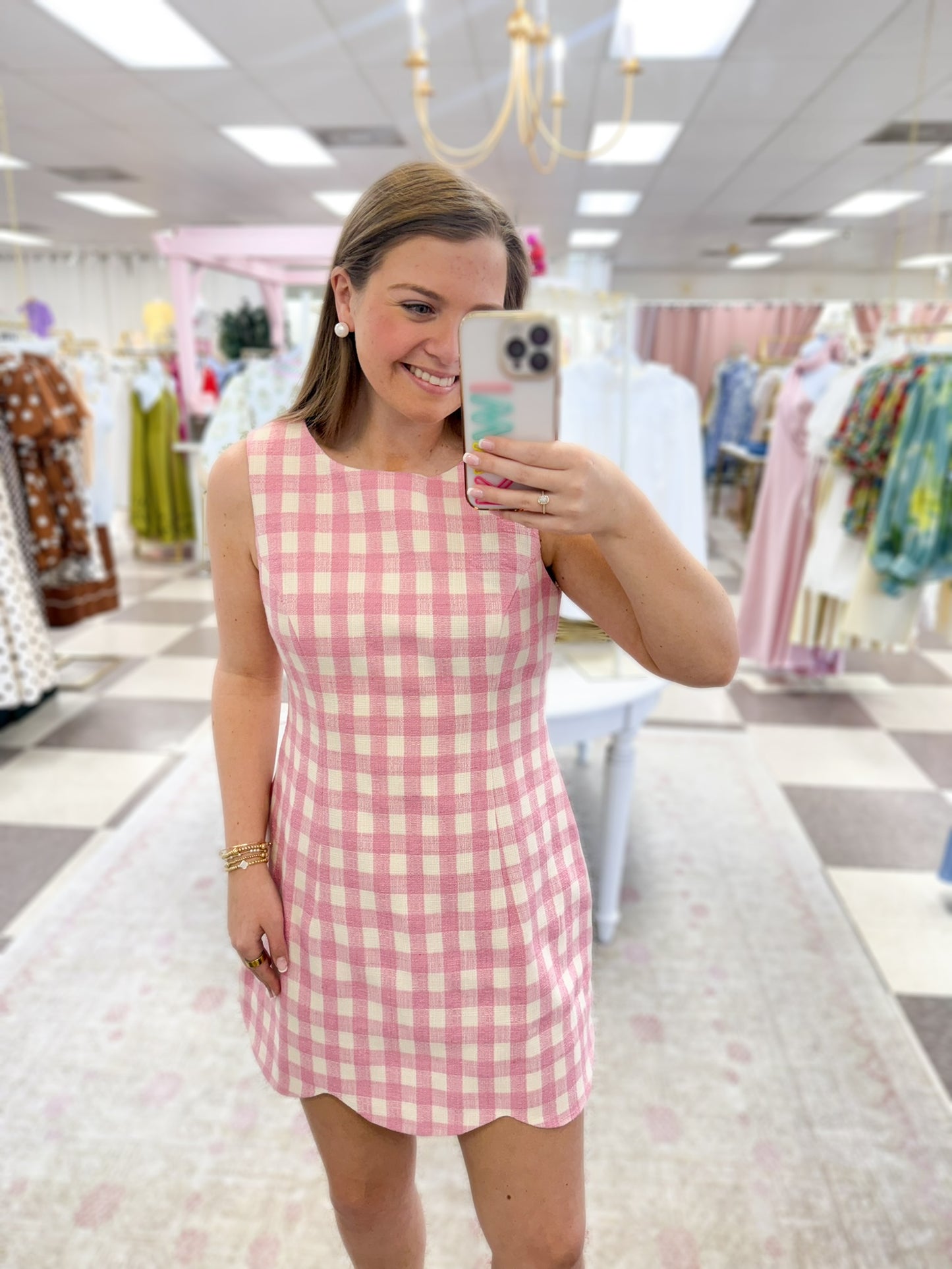 Rosie Gingham Scallop Hem Mini Dress (Pink)