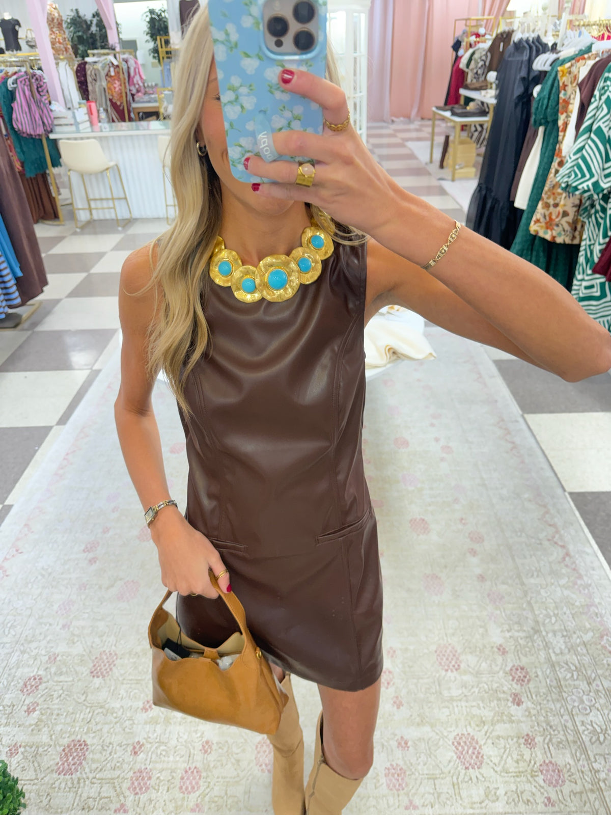 Brown Sleeveless Leather Dress