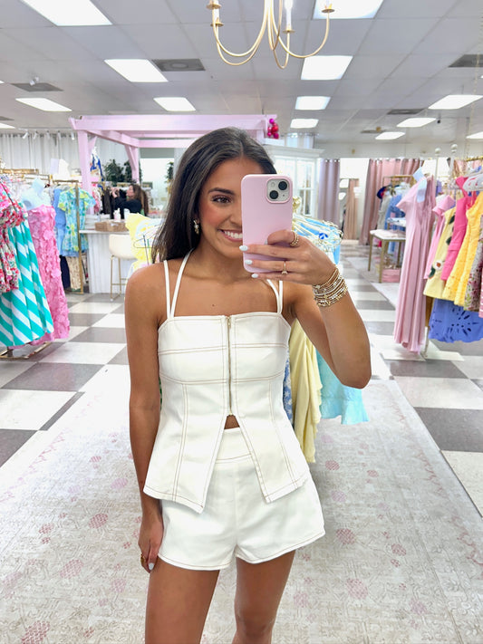 Skylar 2 Piece Zip Top and Short Set (White)