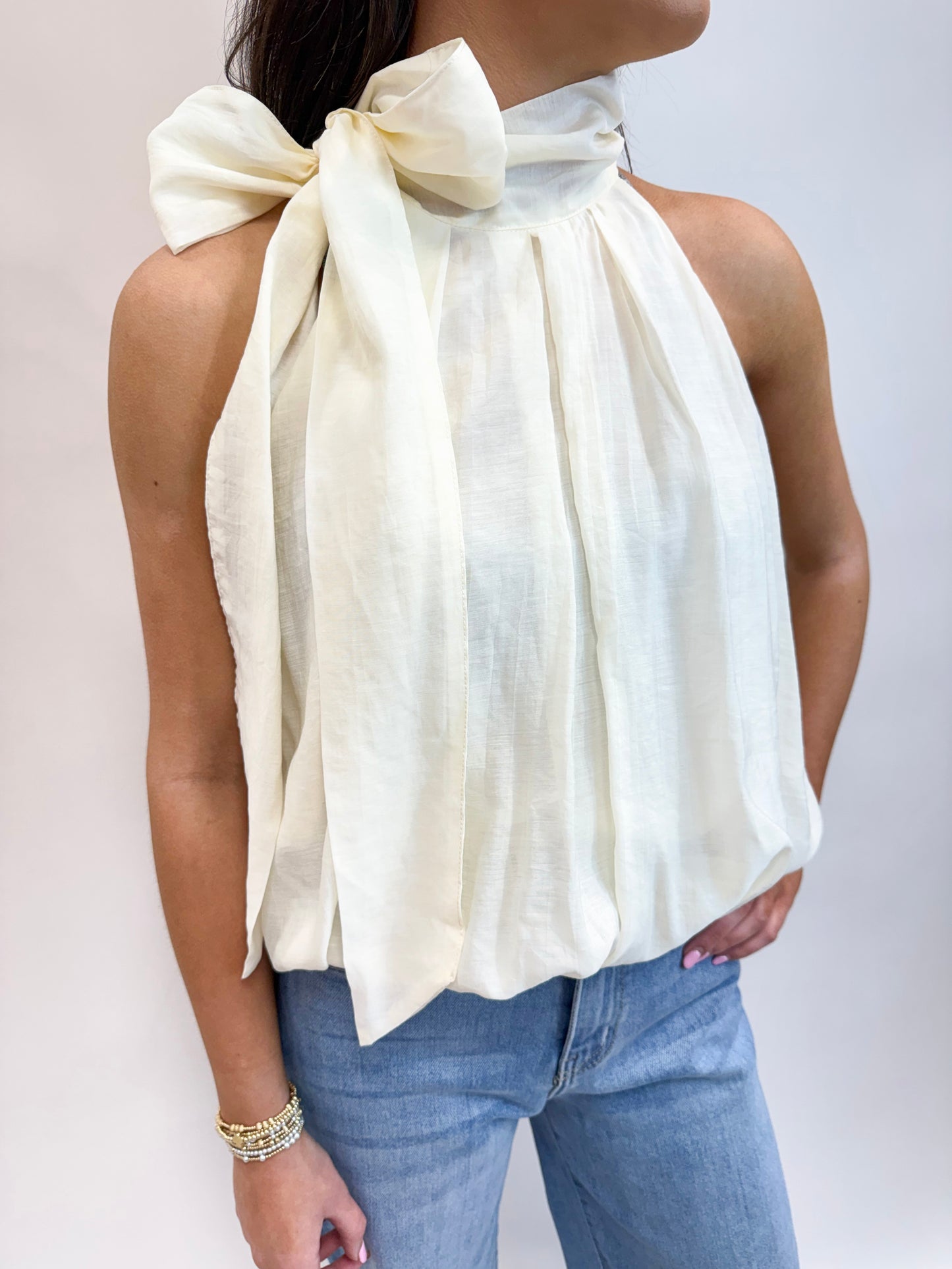 Cream Puff Tie Neck Top