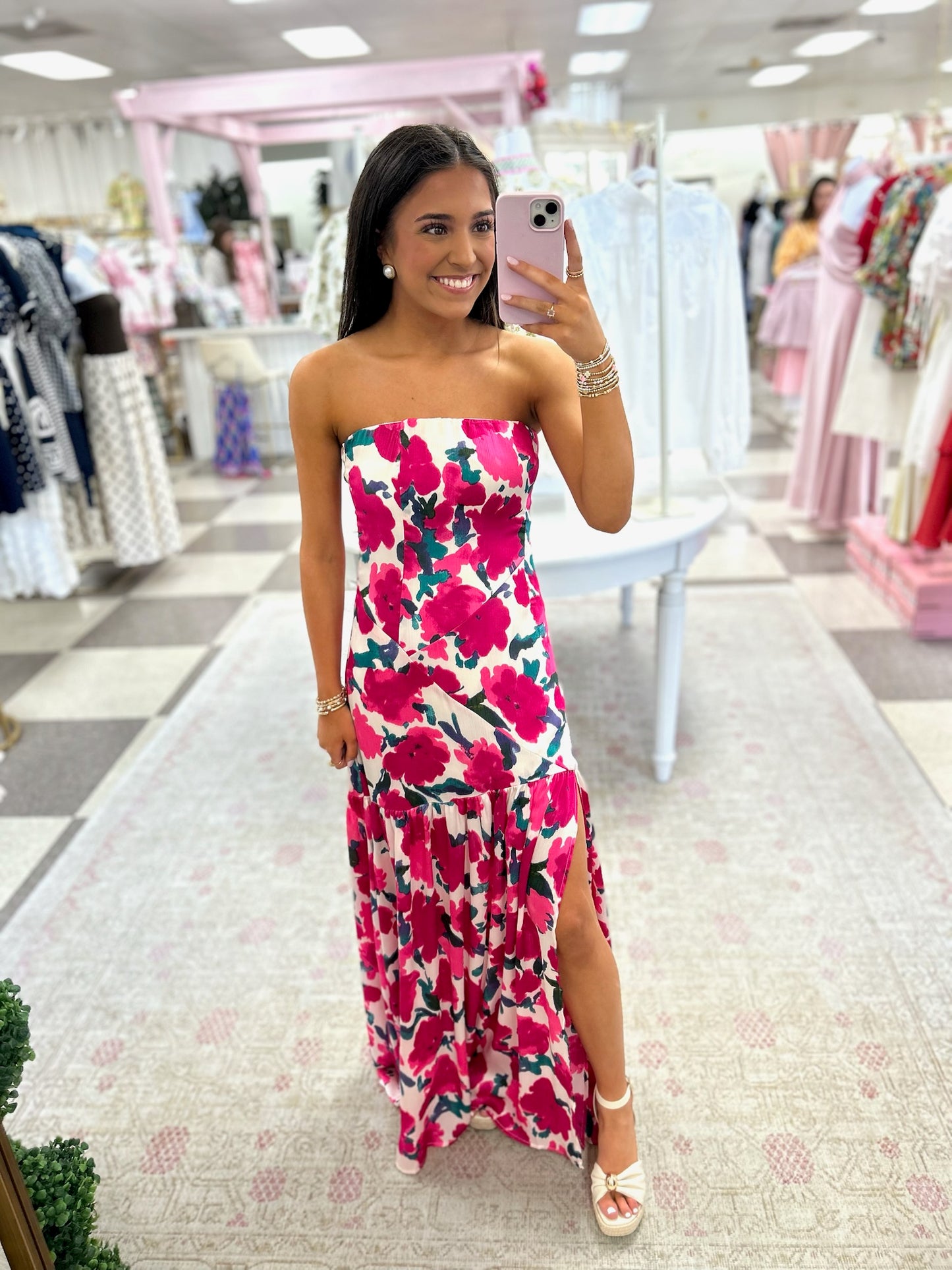 Wedding Guest Ready Strapless Floral Maxi Dress