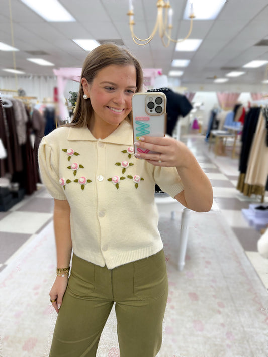 Floral Embroidered Button Down Sweater
