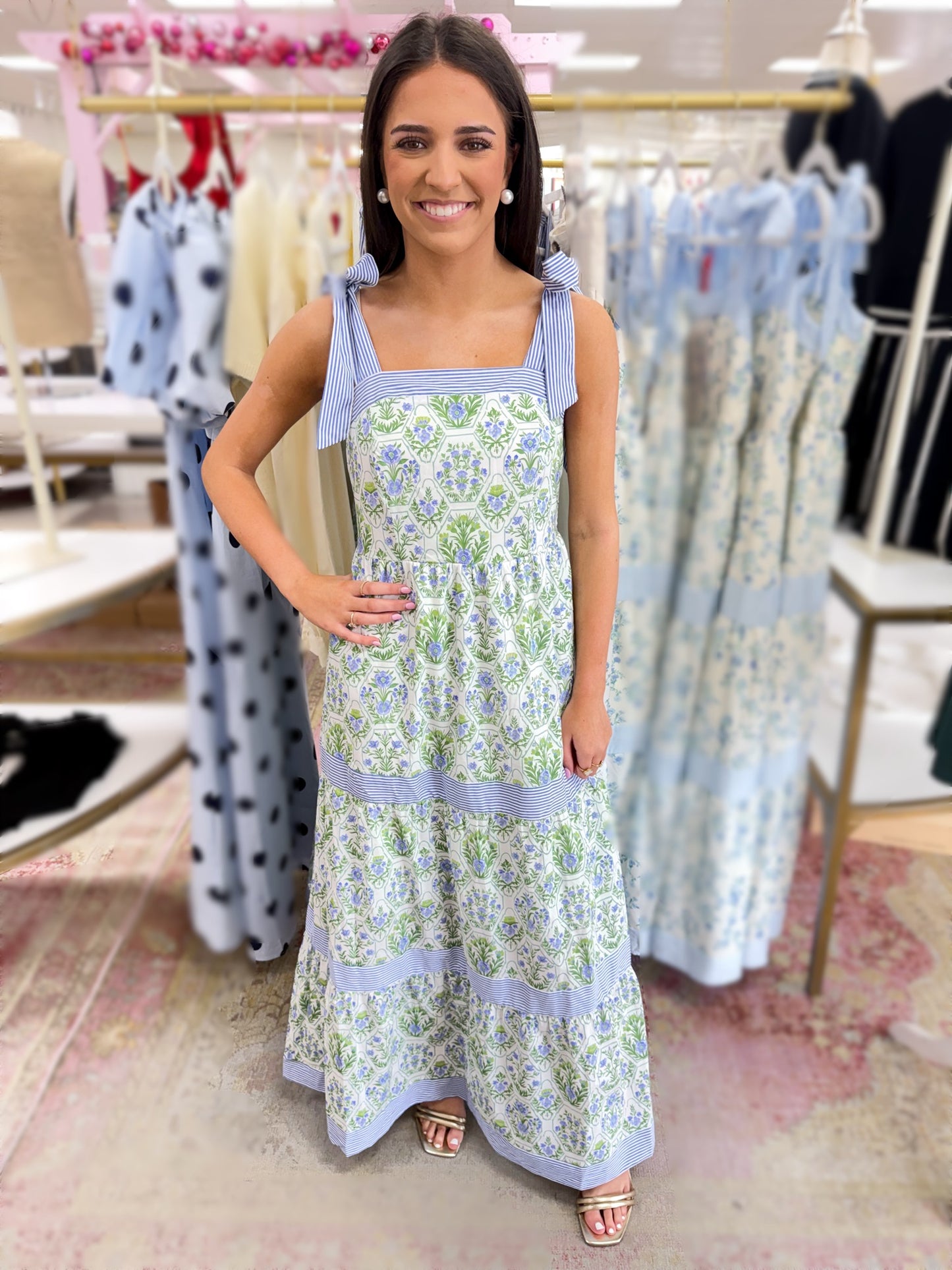 Sinclair Blue/Green Floral/Pinstripe Maxi Dress