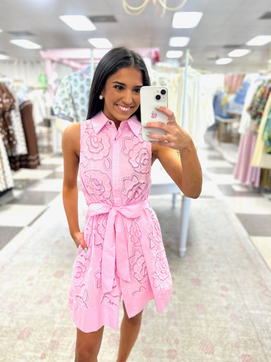 Berkeley Sleeveless Floral Embroidered Mini Dress (Light Pink)