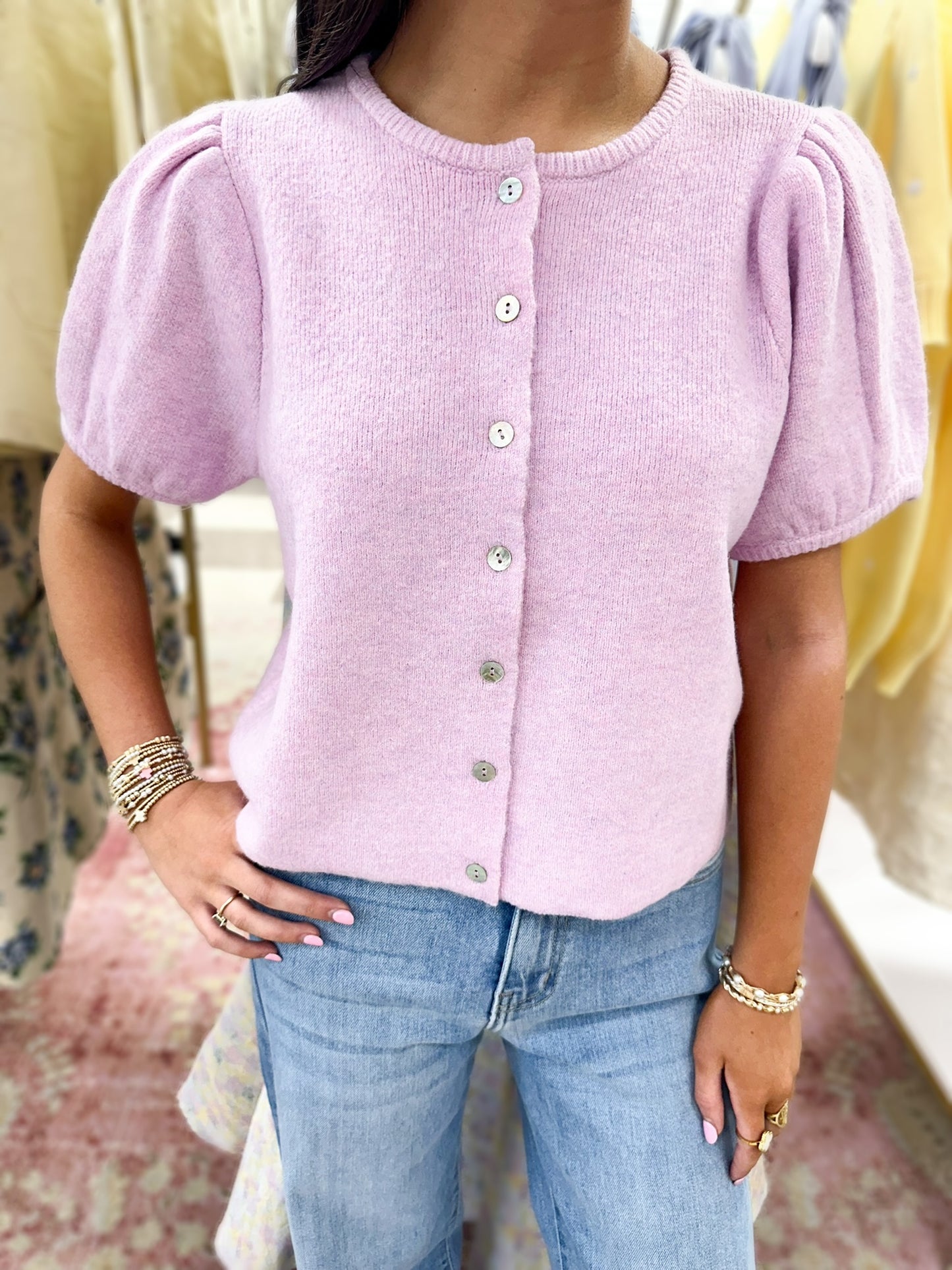 Miller Puff Sleeve Knit Button Up Top (Pink)