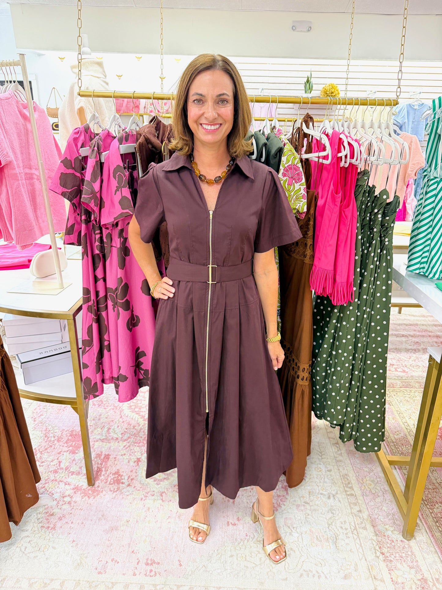 Sunday Coffee Zip Up Belted Midi Dress