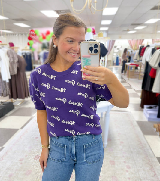 Mardi Gras Script Puff Sleeve Top (Purple)