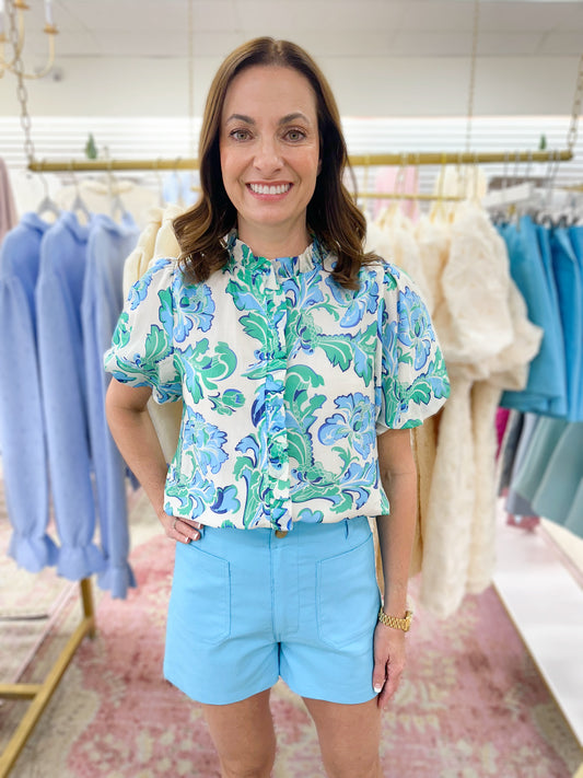 Gabby Blue High Waisted Front Pocket Shorts