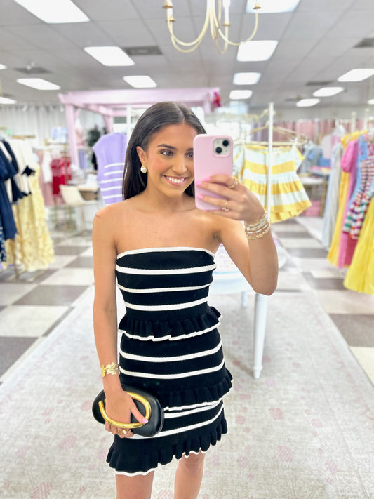 Midnight Muse Knit Mini Dress (Black/White Strapless)