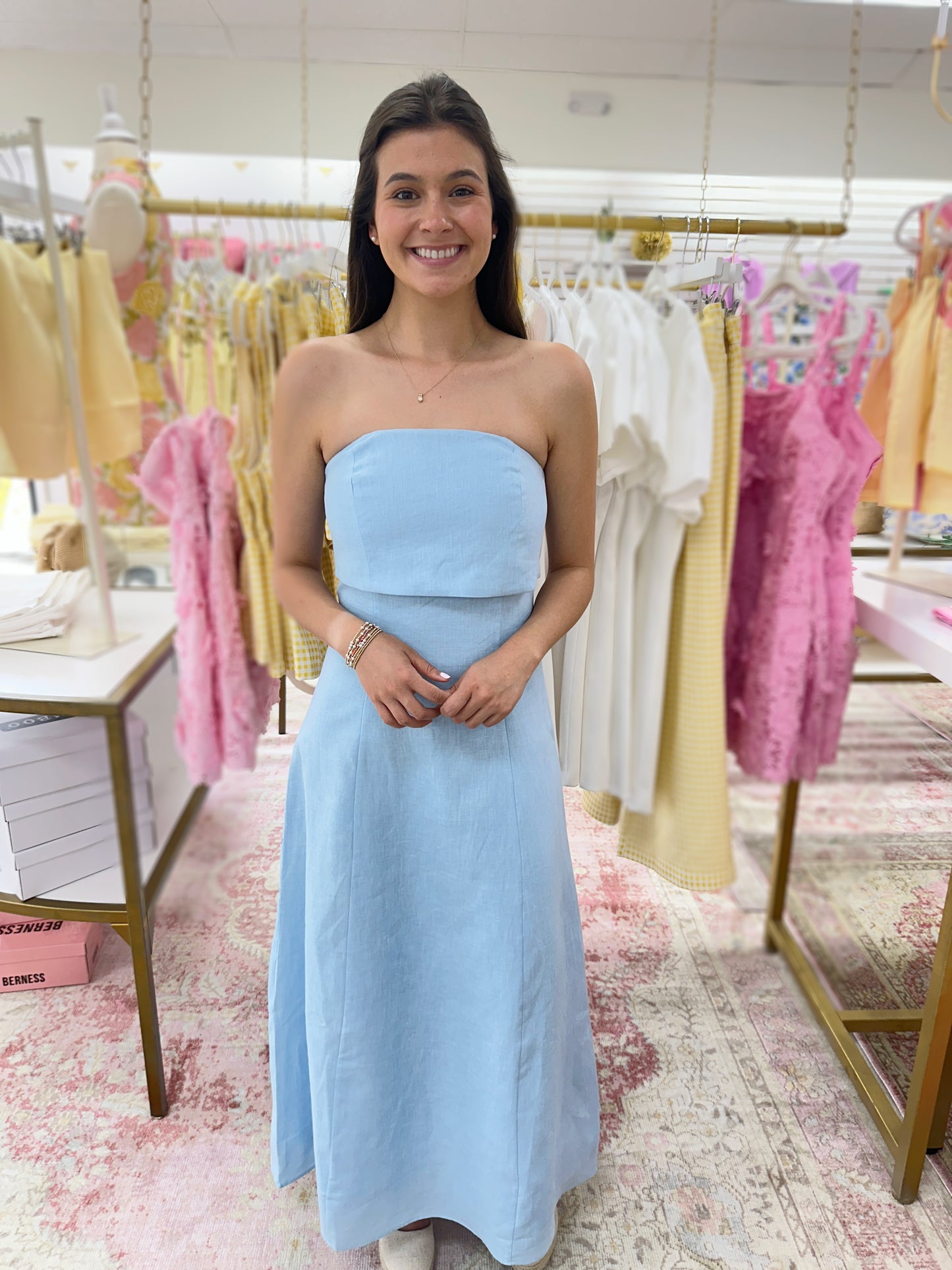 Heavenly Blue Strapless Linen Midid dress