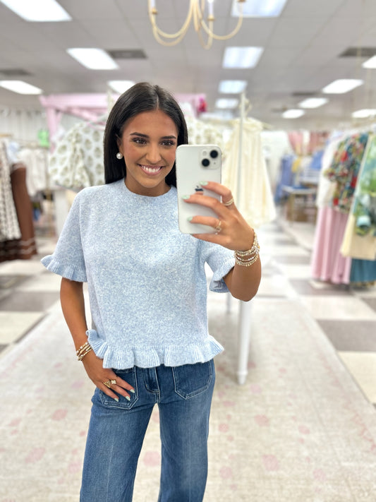 Blue Short Sleeve Ruffle Hem Sweater