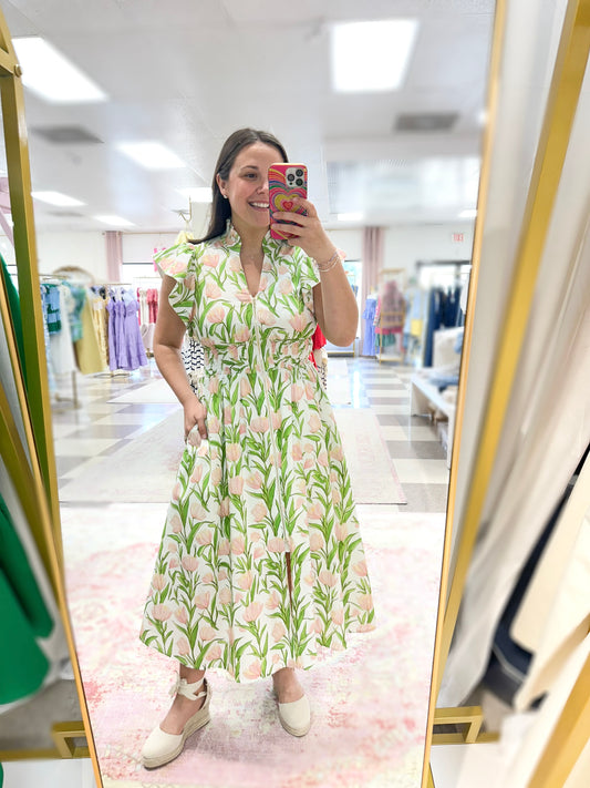 Pink Flowers Zip Midi Dress