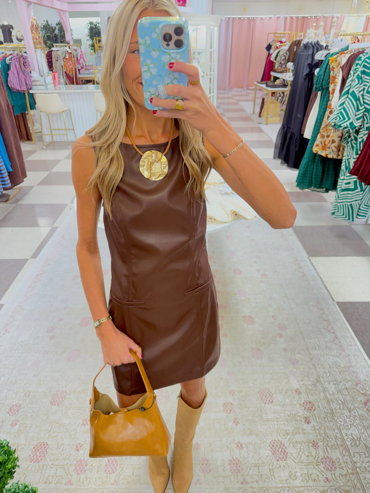 Brown Sleeveless Leather Dress