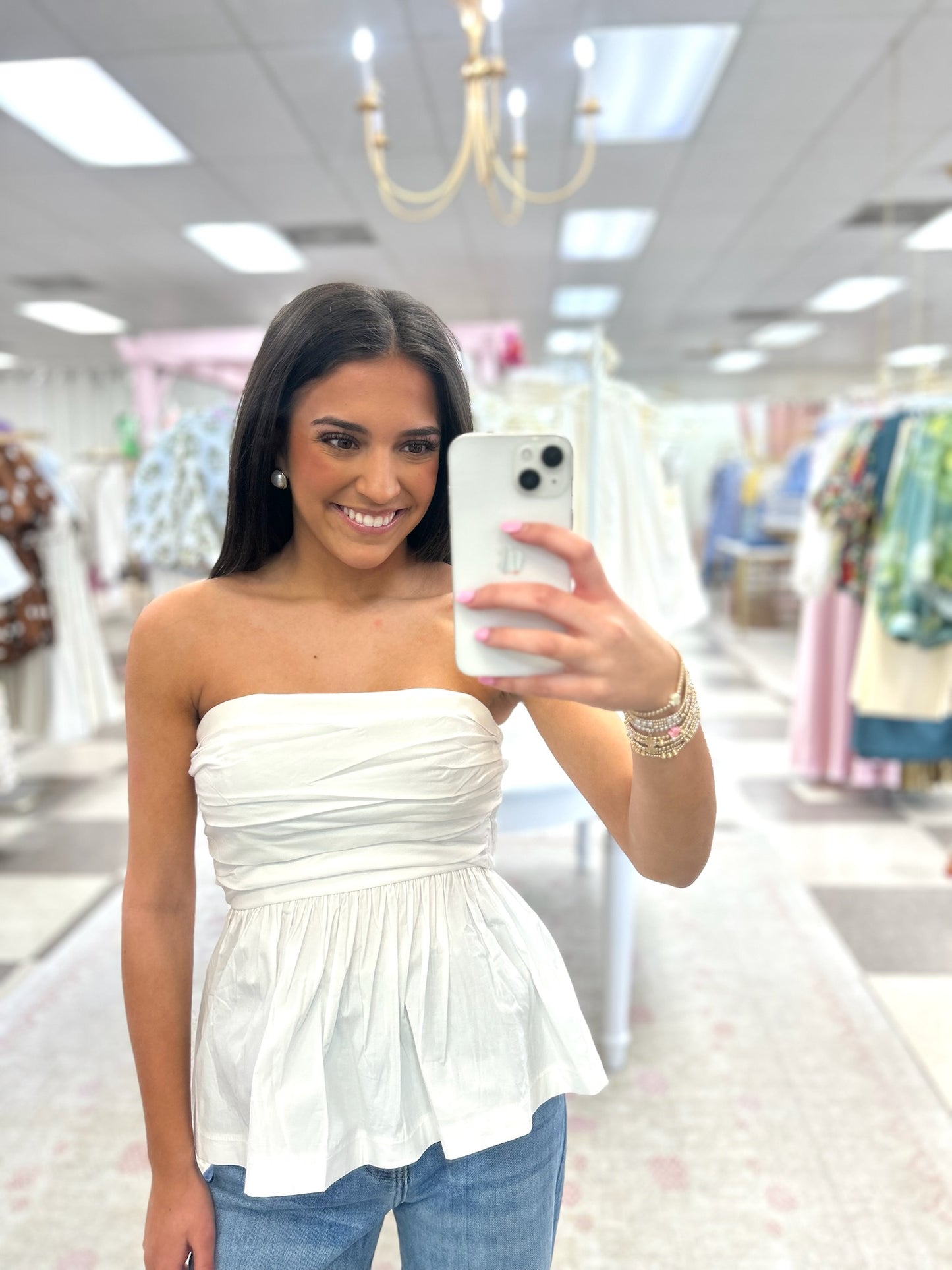 Carlisle White Peplum Strapless Top