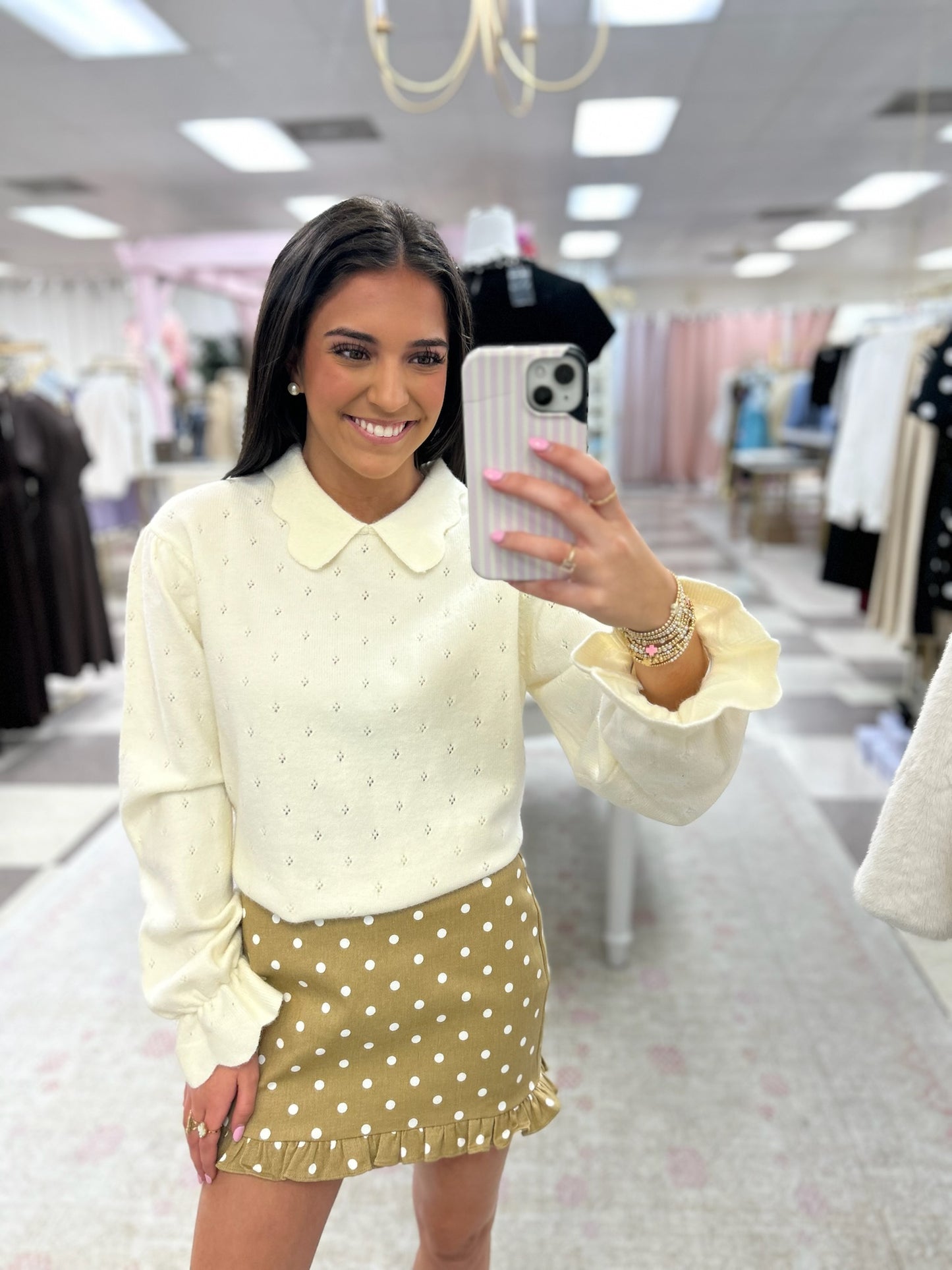 Paisley Polka Dot Mini Ruffle Skirt (Tan)