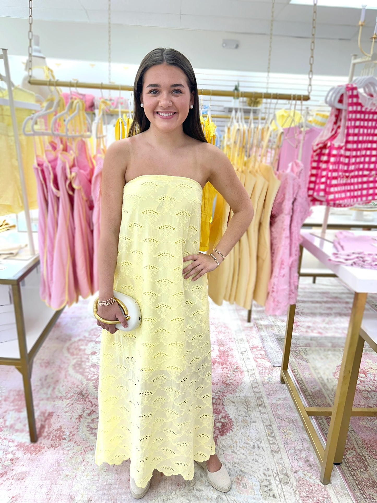 Nikki Strapless Eyelet Midi Dress (Yellow)
