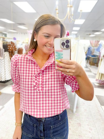 Marlo Gingham Puff Sleeve Top (Pink)