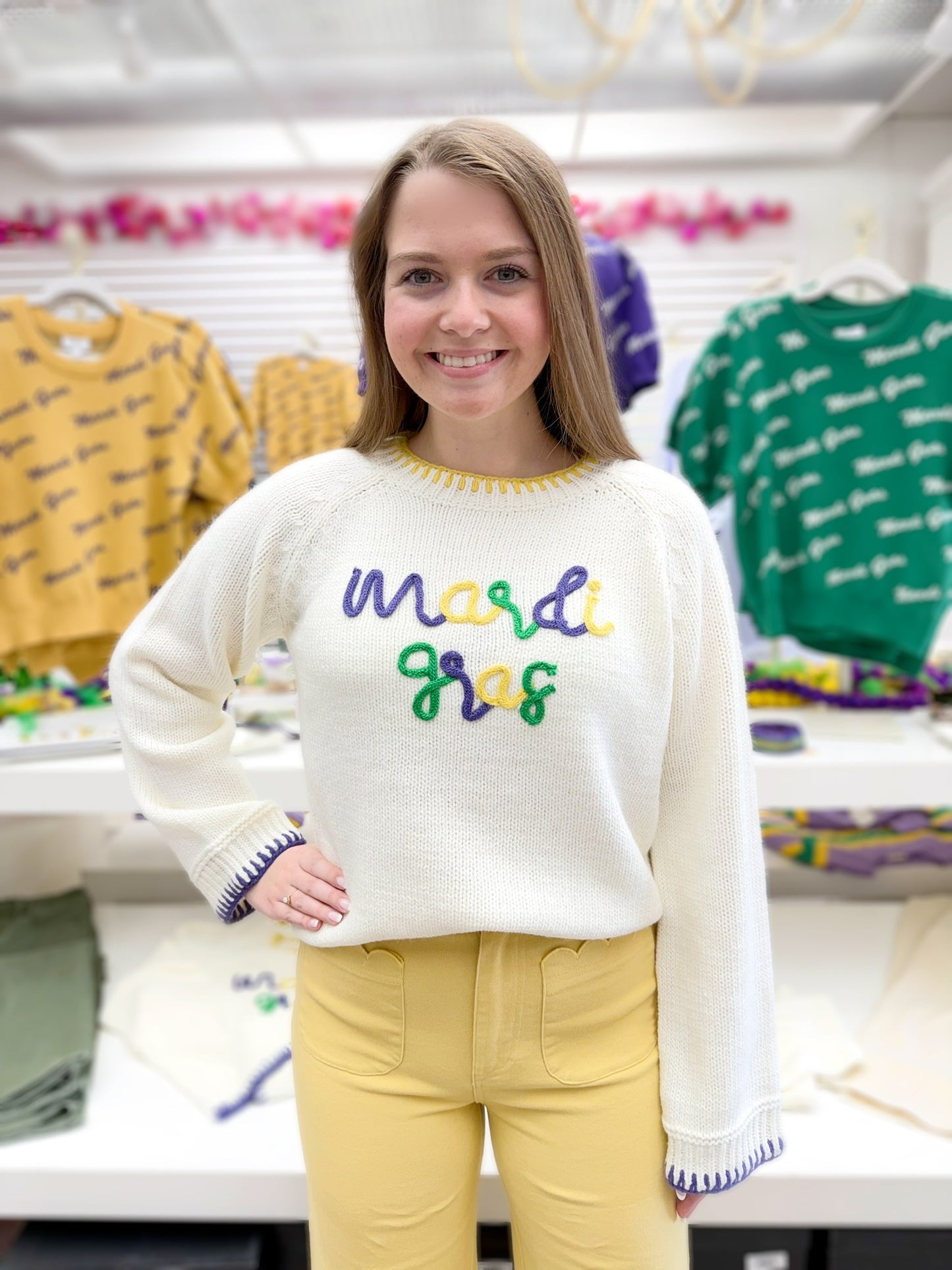 Ivory Mardi Gras Script Lettered Sweater
