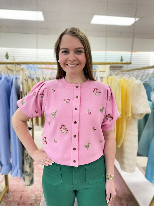 Celia Embroidered Knit Pink Top