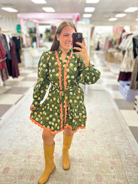 Green Long-sleeve Patterned Dress
