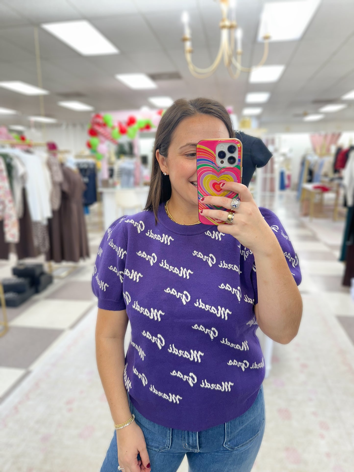 Mardi Gras Script Puff Sleeve Top (Purple)