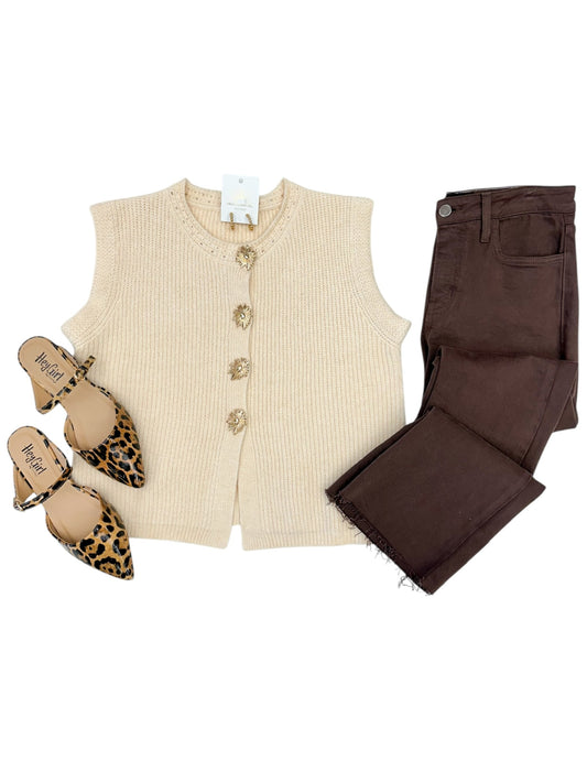Myla Cream Sweater Vest Top with Floral Buttons