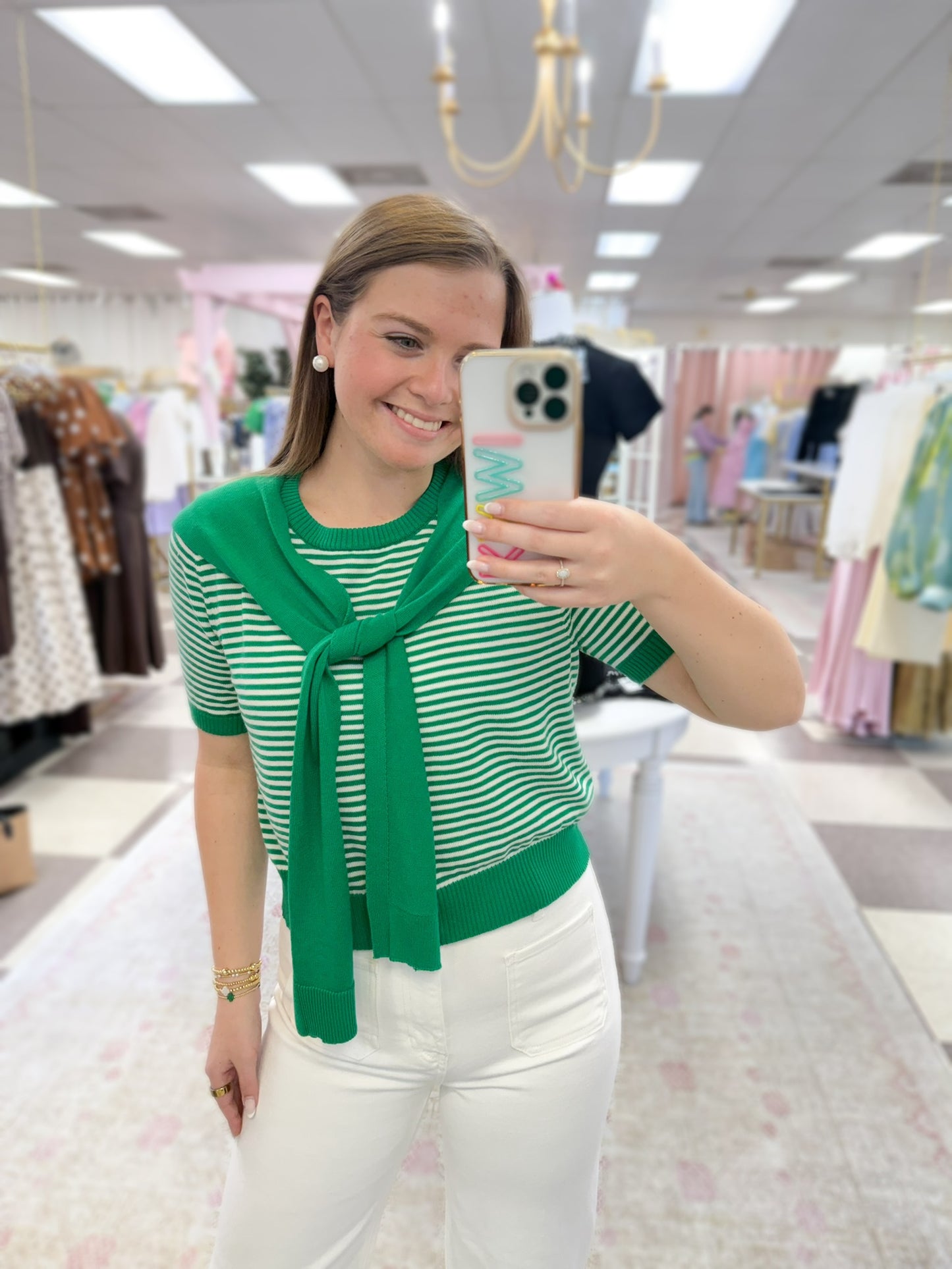 Tee Time Green Striped Knit Top