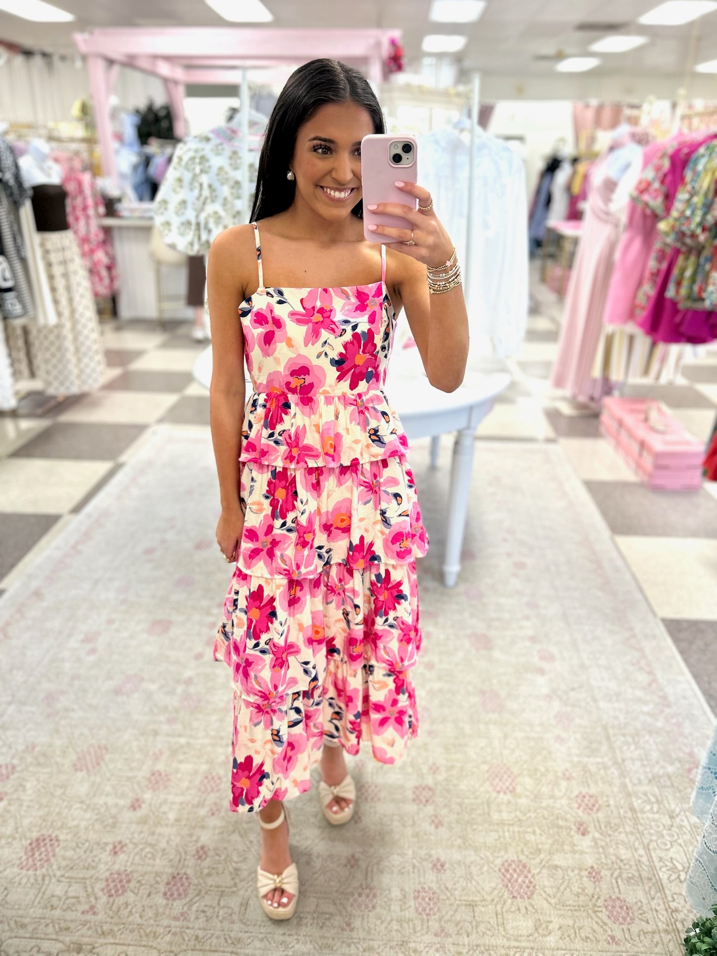 Floral Tiered Midi Dress Ties in Back
