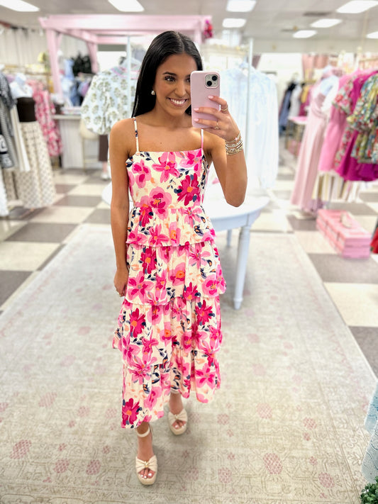 Floral Tiered Midi Dress Ties in Back
