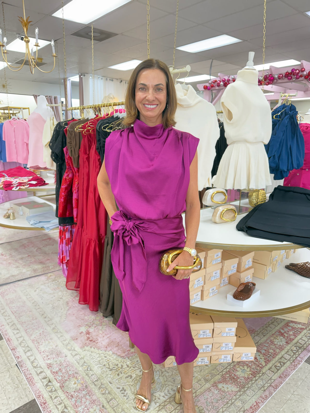 Jasmine Satin Tie at Waist Dress (Magenta)