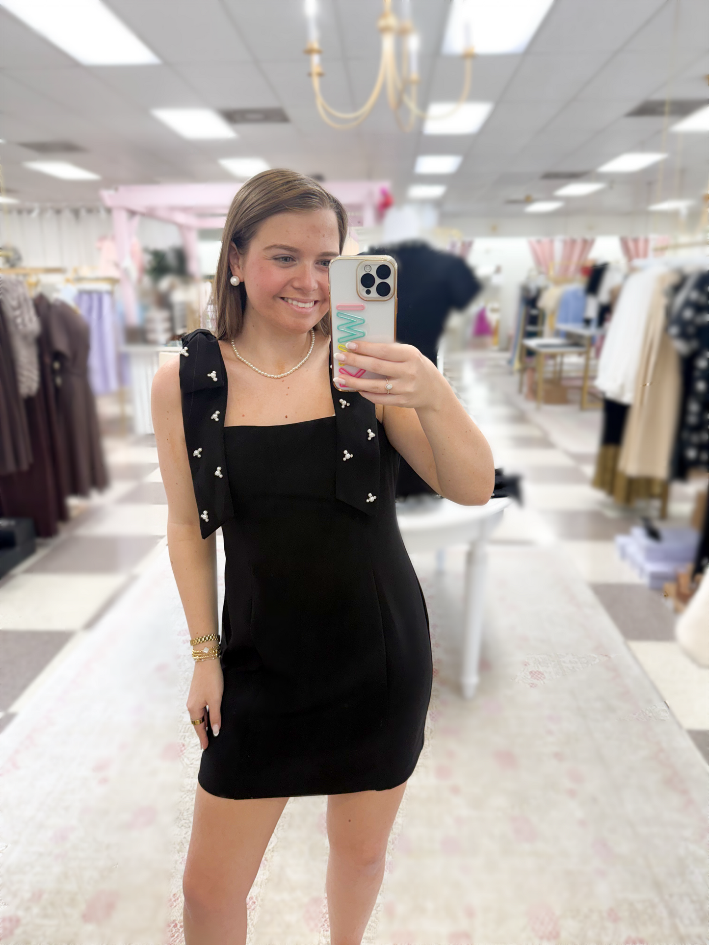 Estelle Black Mini Dress with Rhinestone and Pearl Embellished Bow Straps