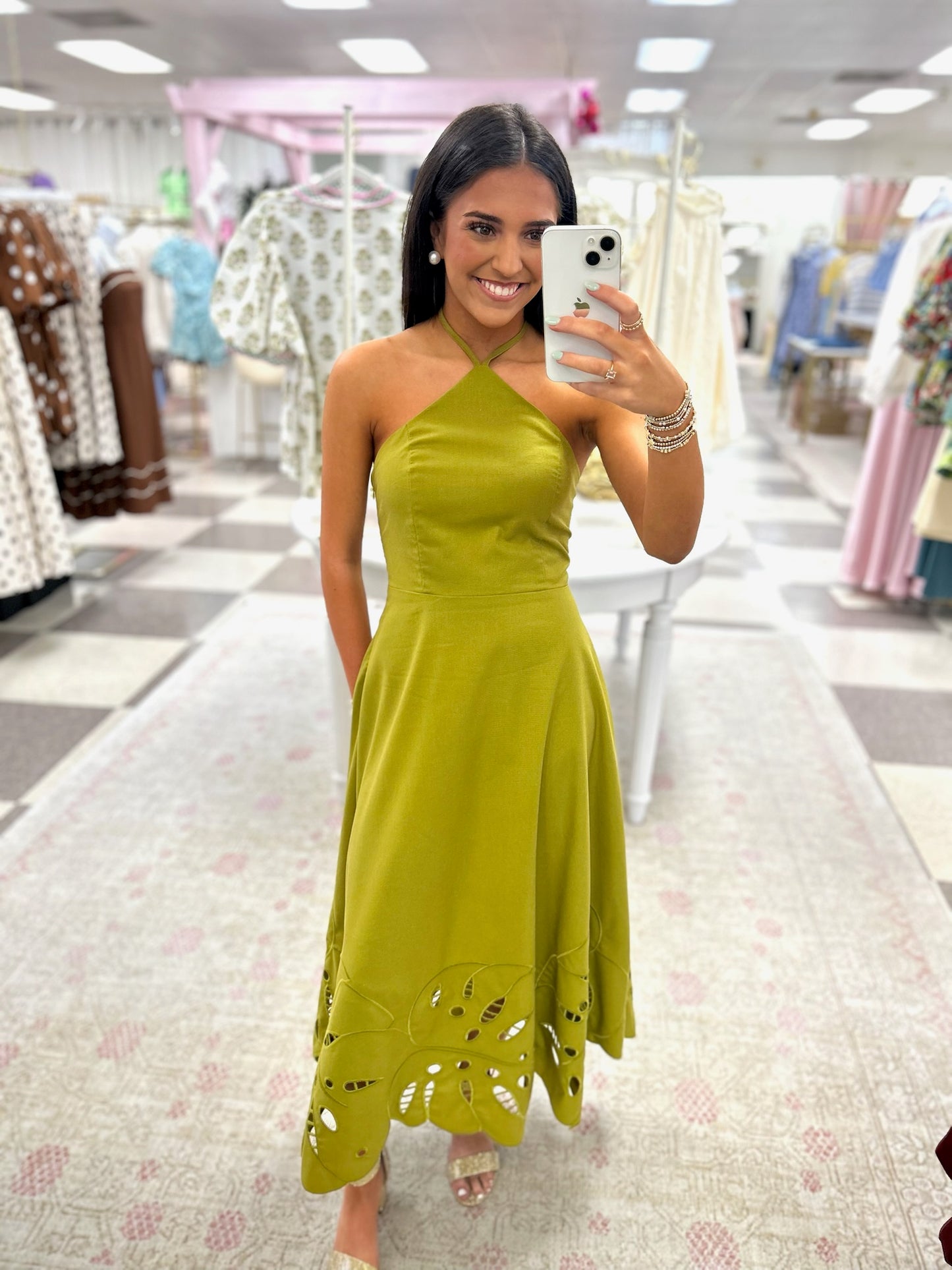 Vivian Olive Halter Midi Dress