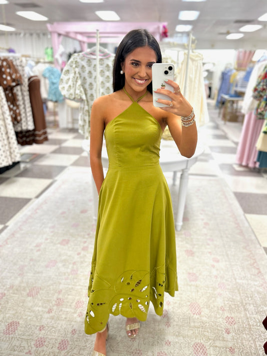 Vivian Olive Halter Midi Dress