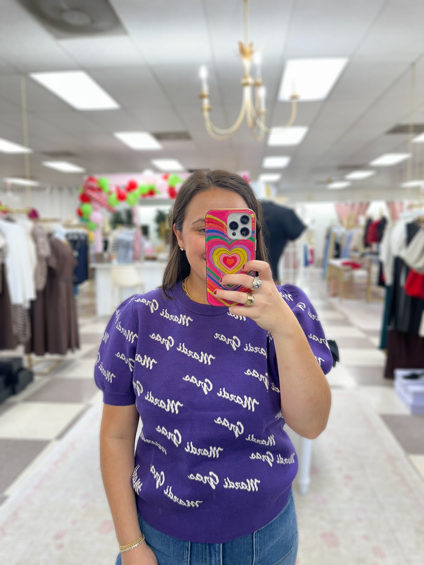 Mardi Gras Script Puff Sleeve Top (Purple)