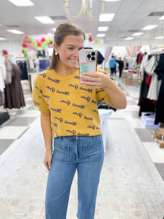 Mardi Gras Script Puff Sleeve Top (Gold)