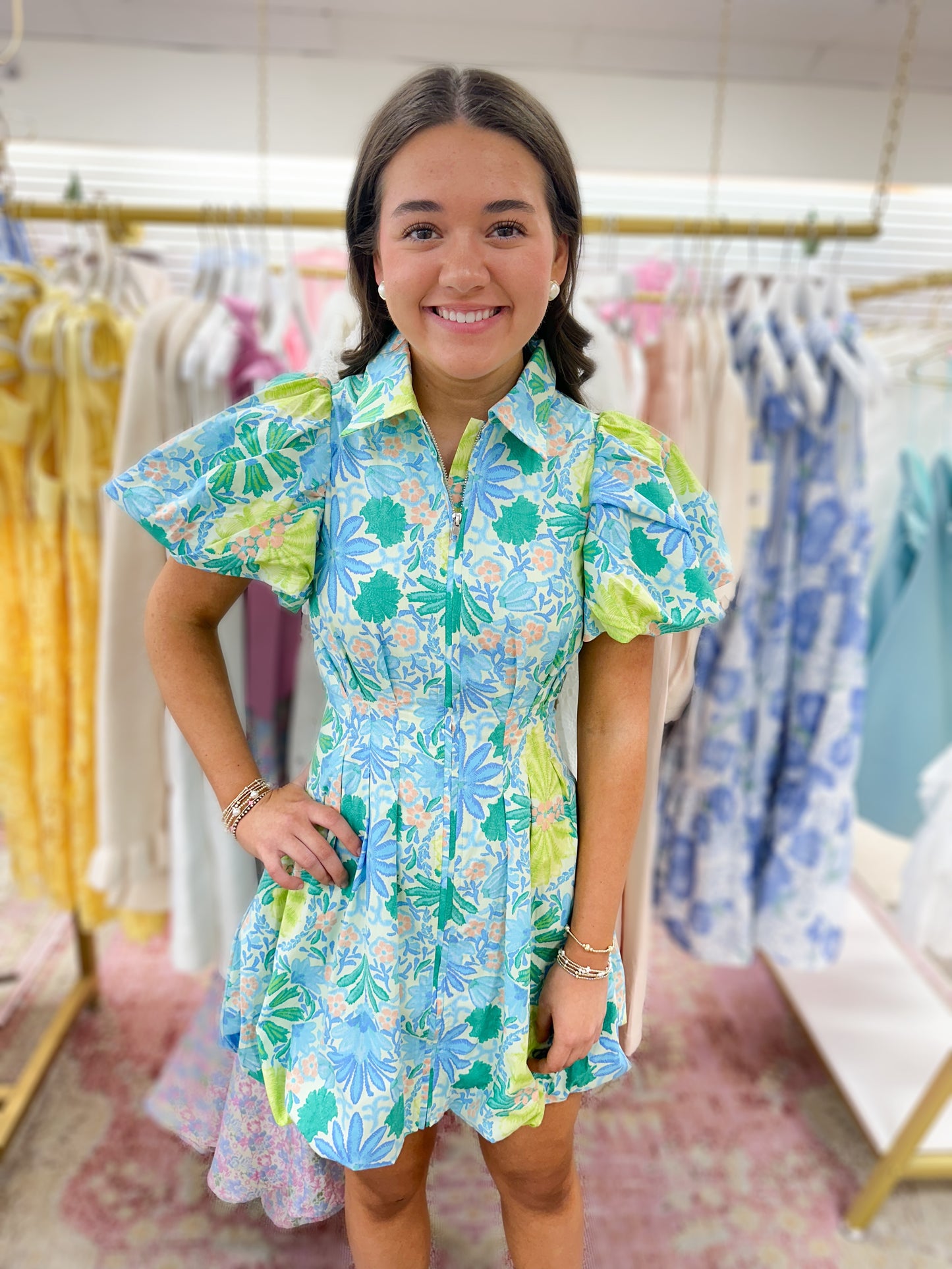 Maui Puff Sleeve Bubble Hem Mini Dress " Blue/Lime"