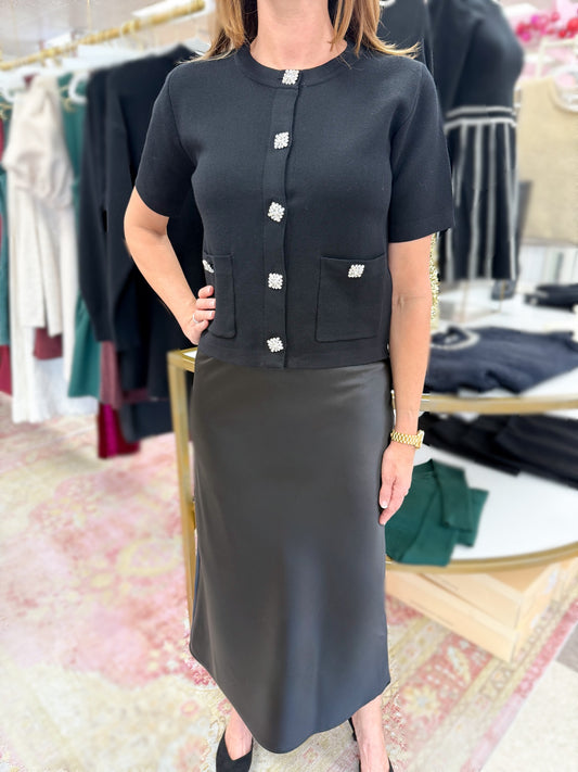 Isabella Black Satin Midi Skirt