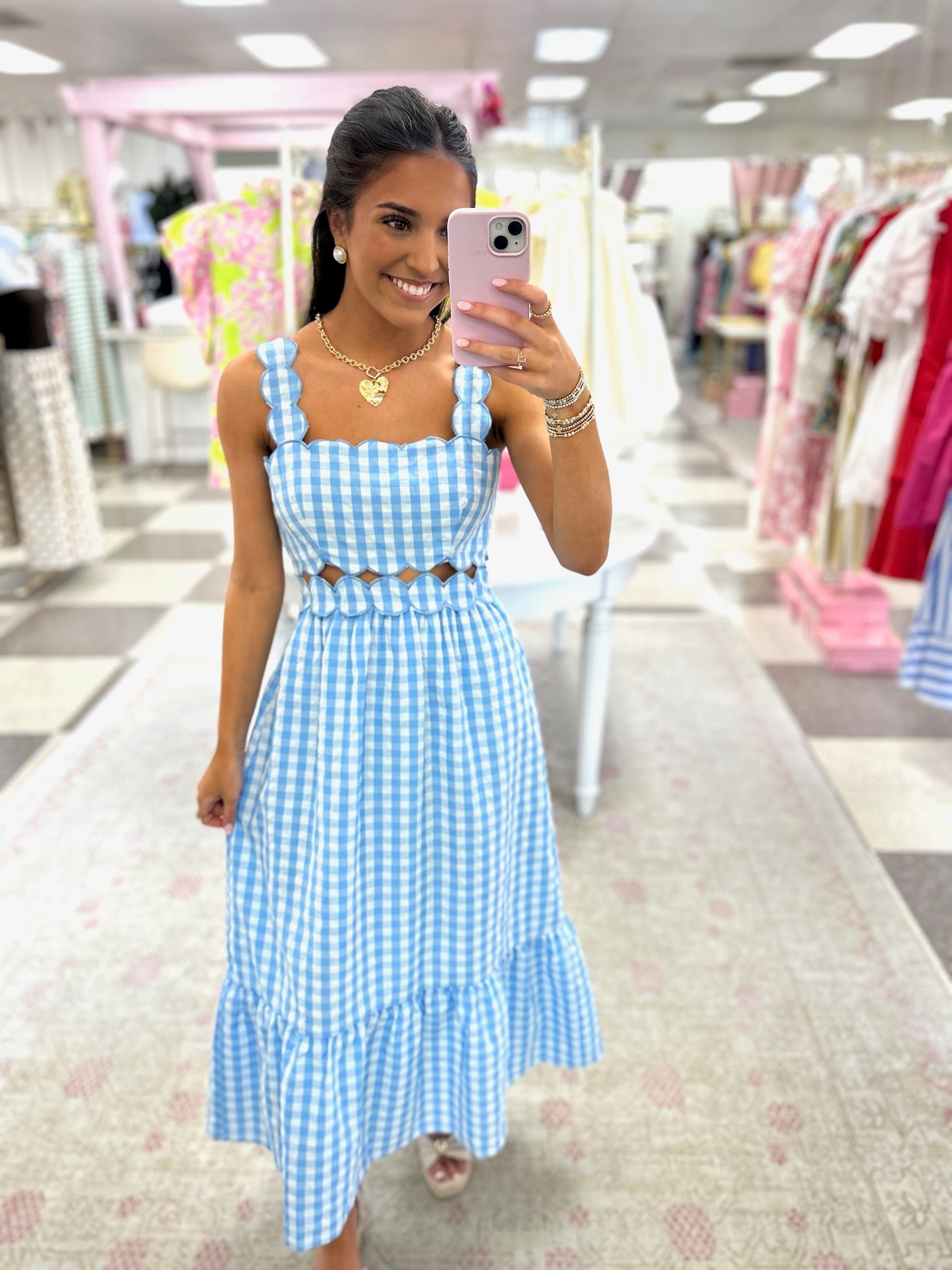 Capri Coast Gingham Maxi Dress (Blue)