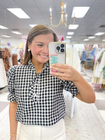 Marlo Gingham Puff Sleeve Top (Navy)