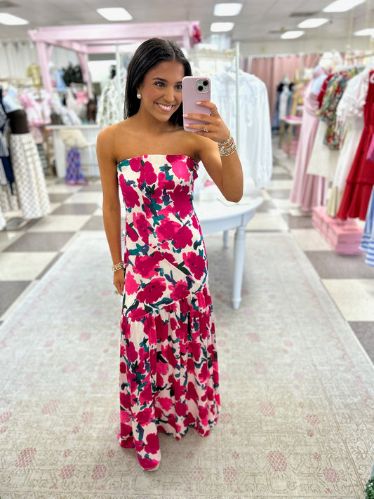 Wedding Guest Ready Strapless Floral Maxi Dress